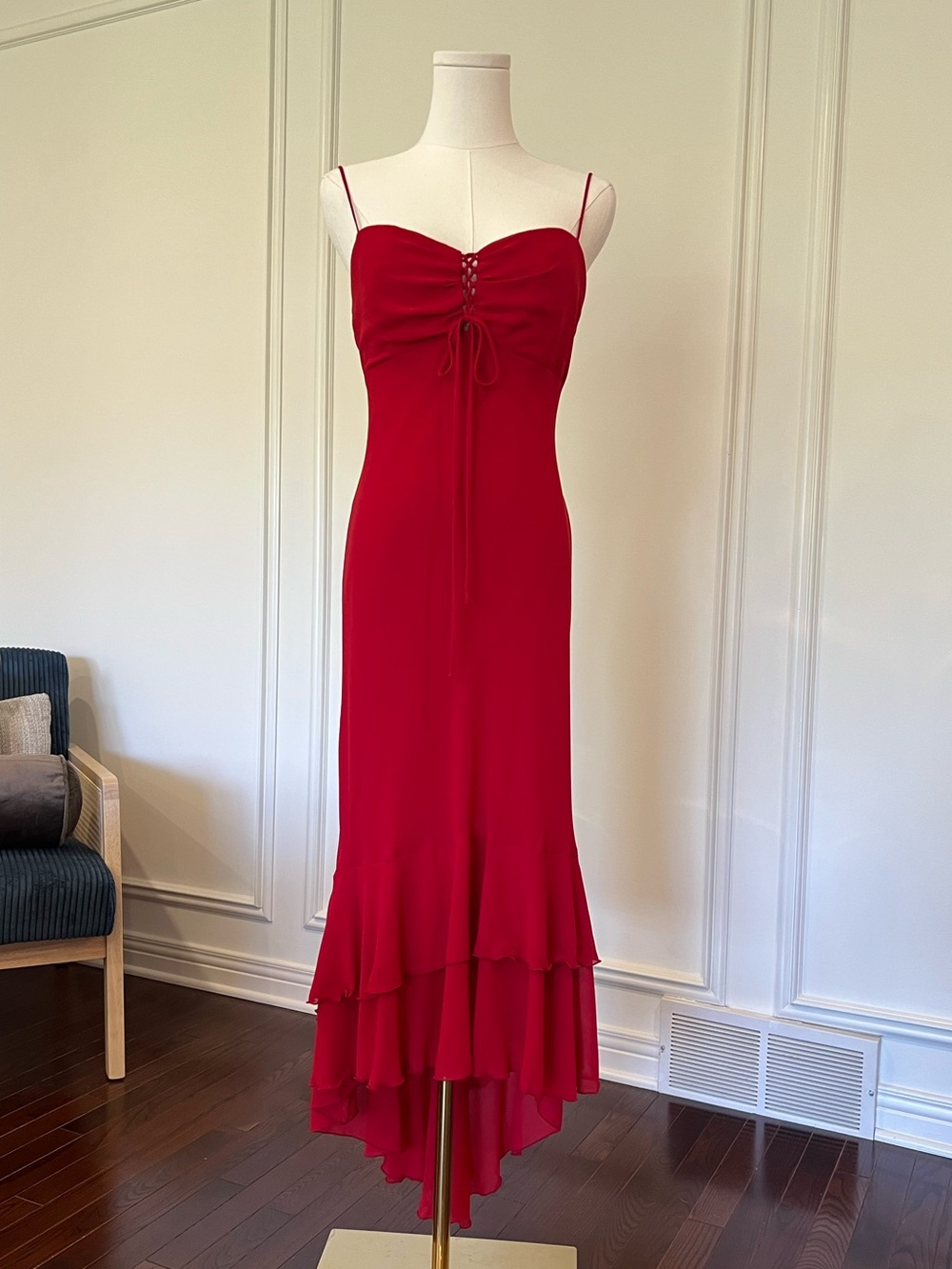 Y2K Red Chiffon Bias Slip Dress Lace-Up Bust Ruffle Hem Sirencore Coquette 6